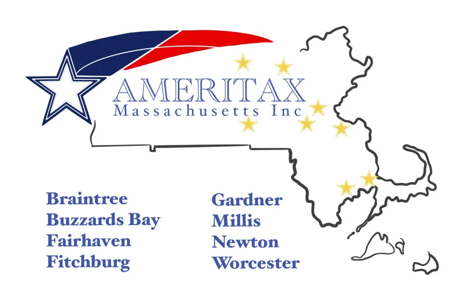 Ameritax Massachusetts Inc. logo with a map of Massachusetts and office locations